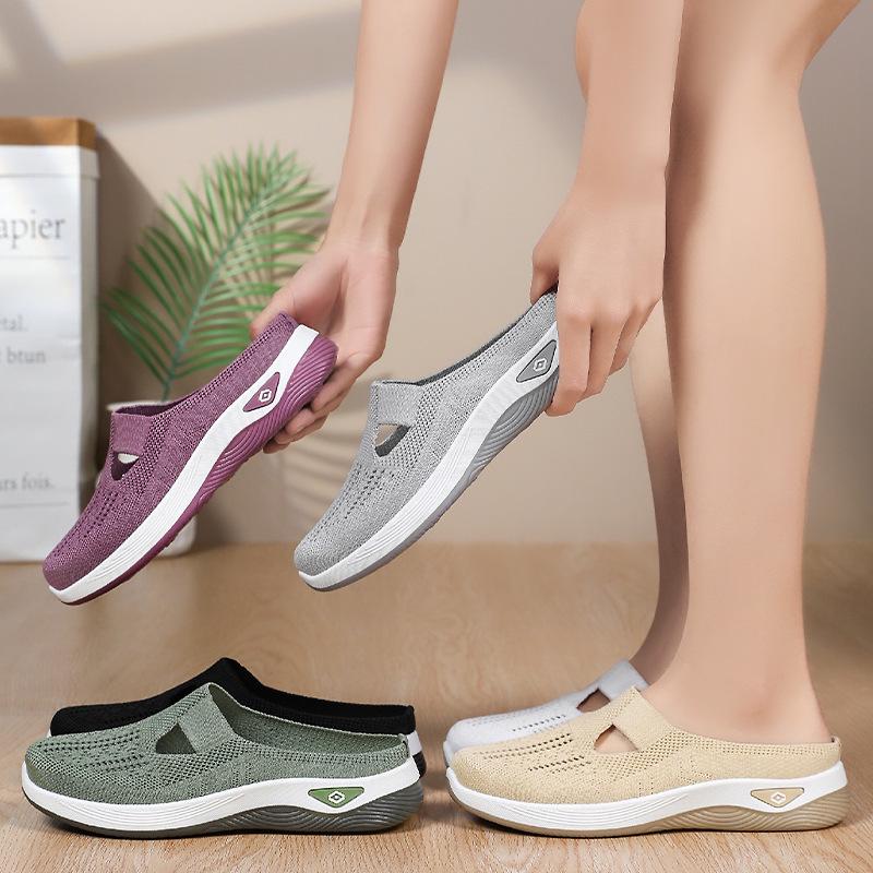 Women's Versatile Breathable Slip-On Closed-Toe Mesh Flyknit Casual Half Slippers with Soft Soles.