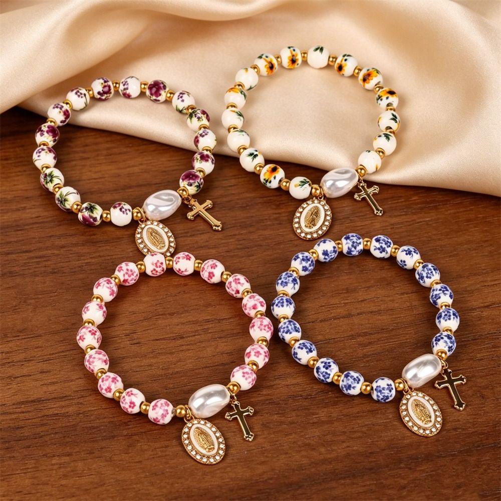Metal Beaded Elastic Beads Bracelets Bow Ceramics Bracelet Trendy Women Bangle Girls