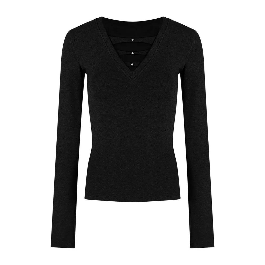 Spicy V-Neck Long-Sleeve Velvet T-Shirt Women's Slim Fit Cinched Waist Base Layer Black Top