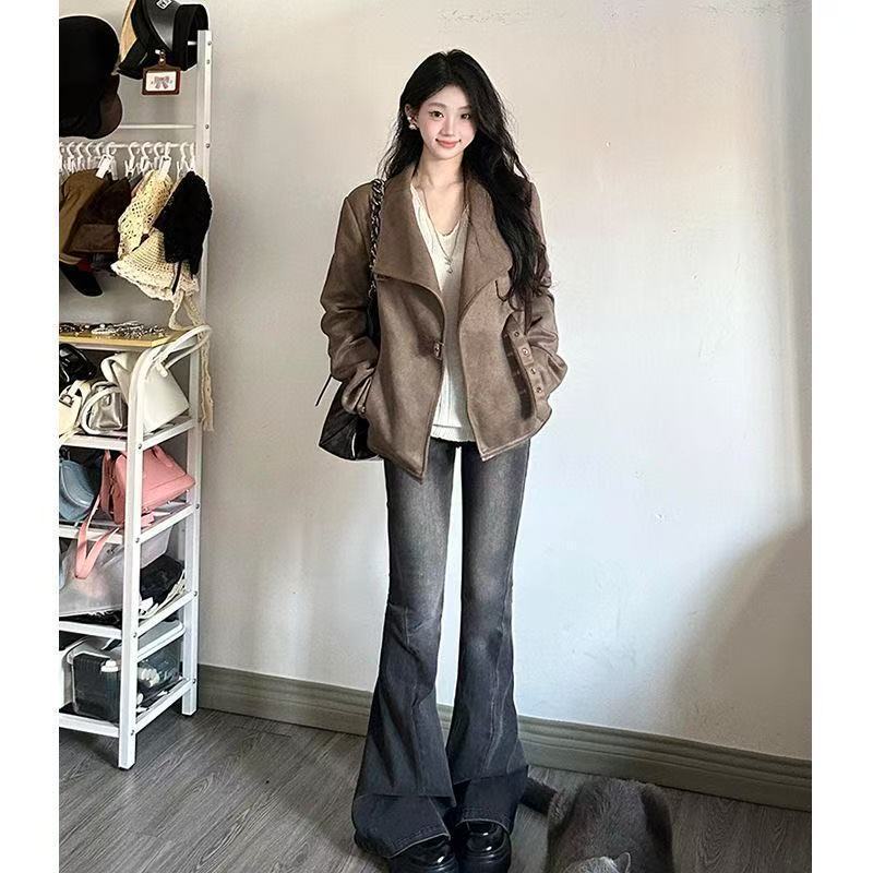 

Куртка из замши в стиле Spice girl, женская, весна-осень, новая, с большим лацканом, атмосферная, приталенная, короткая куртка-косуха S хаки