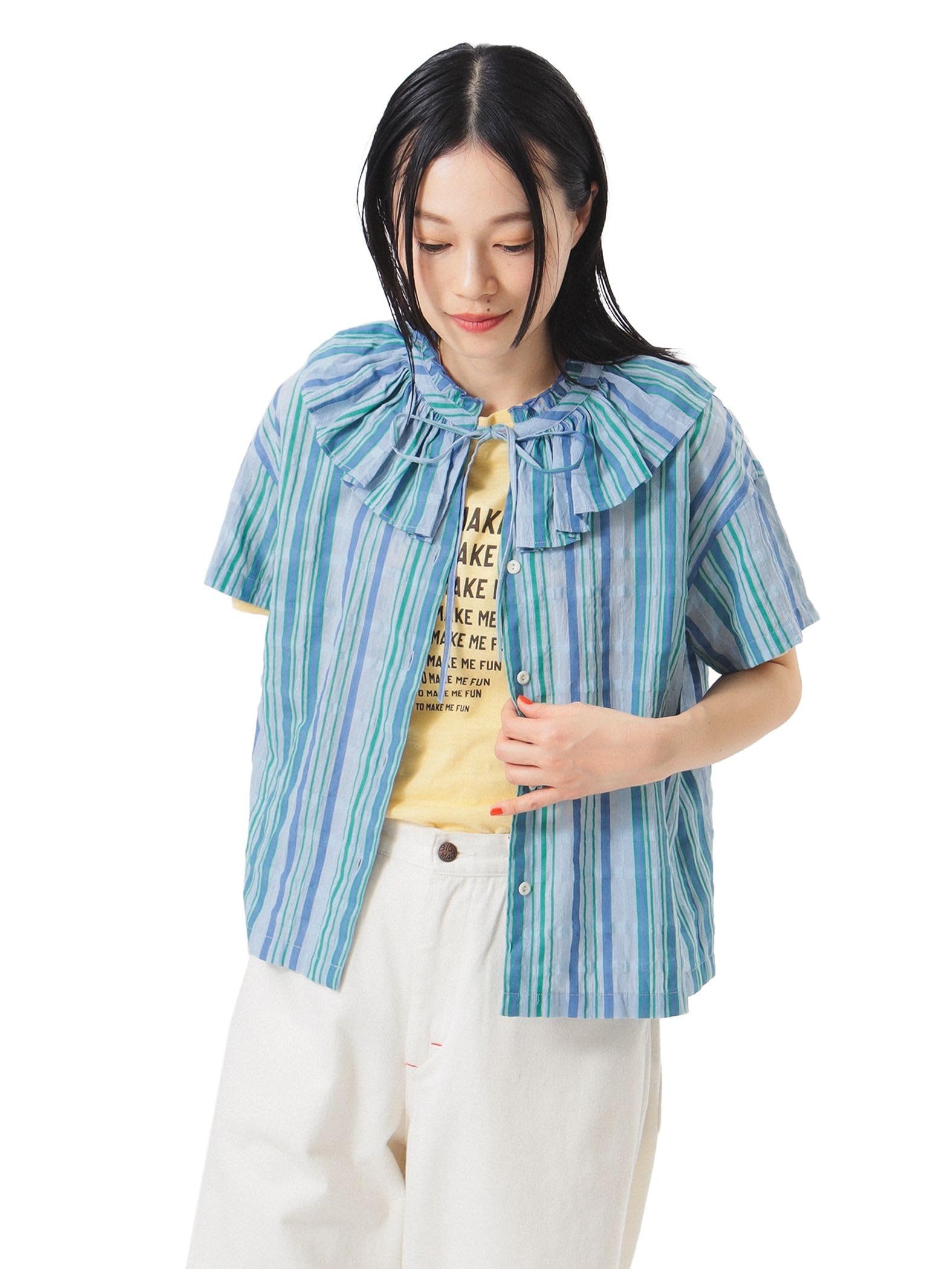 

Beams Boy Women s Striped Ruffle Short Sleeve S/S Shirt, Blue, Free Size