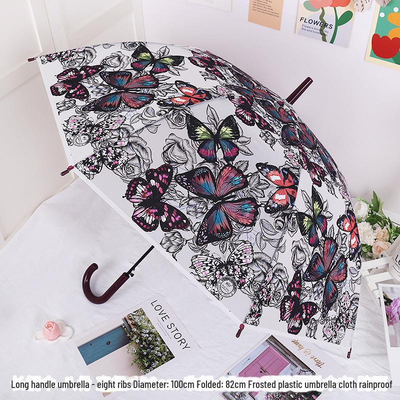 Japonský lesní styl průhledný deštník s třešňovými květy s klenutou dlouhou rukojetí pro studenty