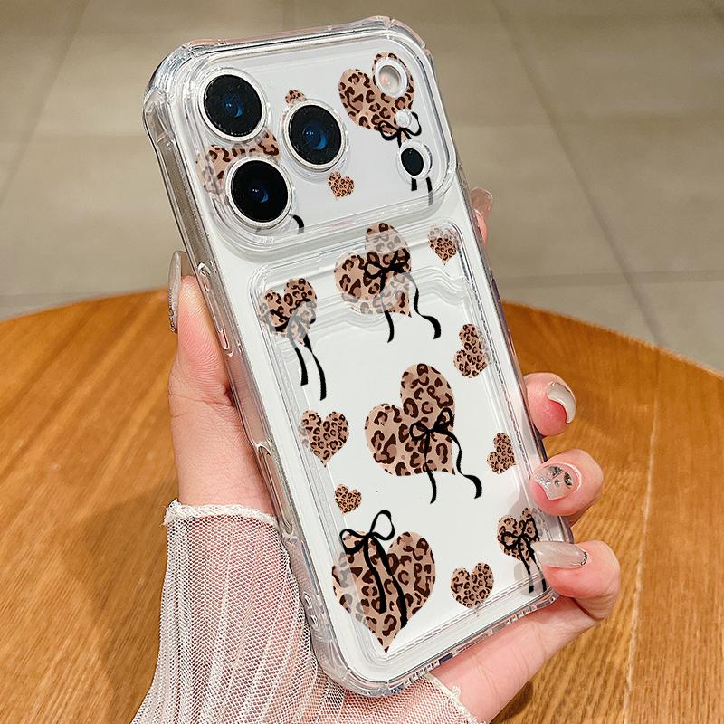 Card Slot Pocket TPU Case For iPhone 17 Pro Air 16e 16 15 14 13 Pro Max 12 11 Leopard Print Love Heart Pattern Soft Phone Cover