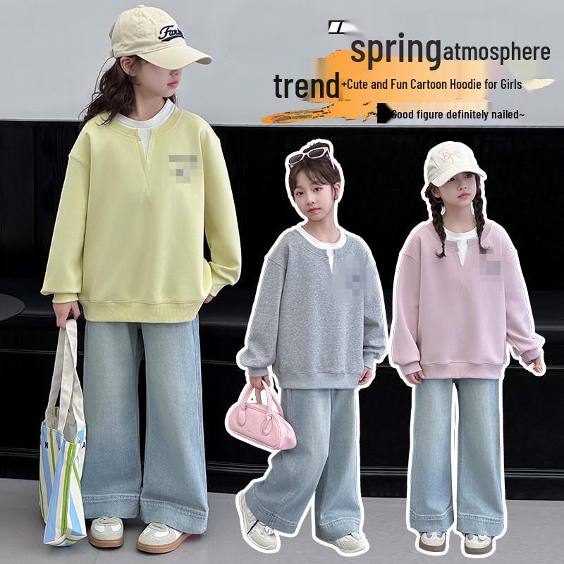 2026 Girls' Trendy Cartoon Print Two-Piece Hoodie T-shirt