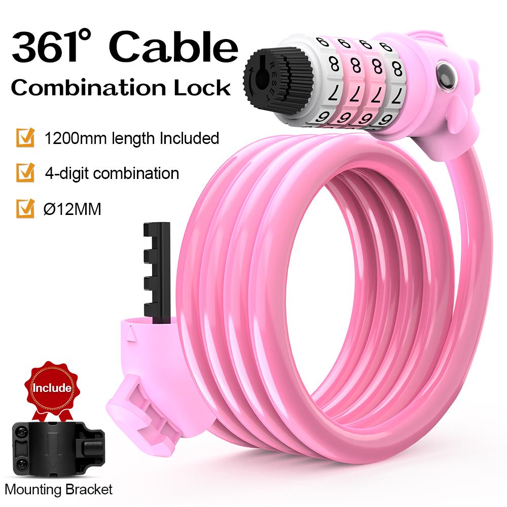 361 Degrees Bike Lock 4 Digit Code Combination Cable Lock Stronger Anti Theft Bike Cable Locks for Bicycle MTB Electric Scooter 4
