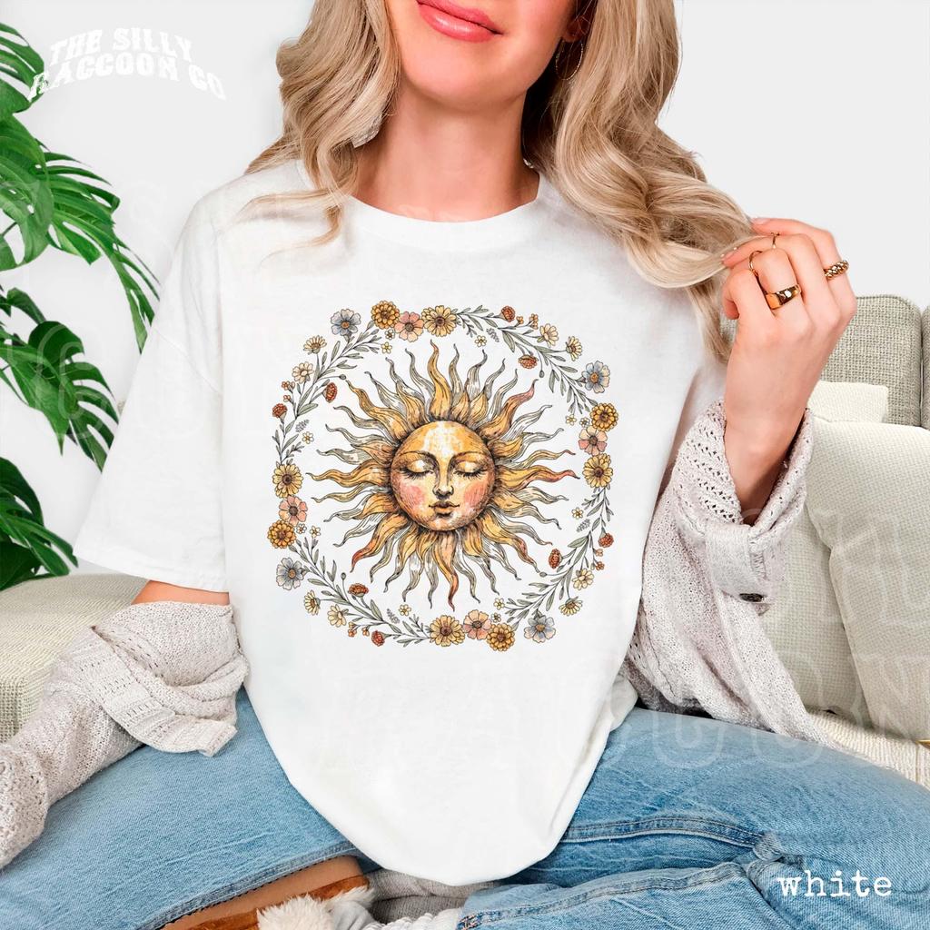 Boho Sun Face Floral Graphic Tee: Celestial Cottagecore Top For Women