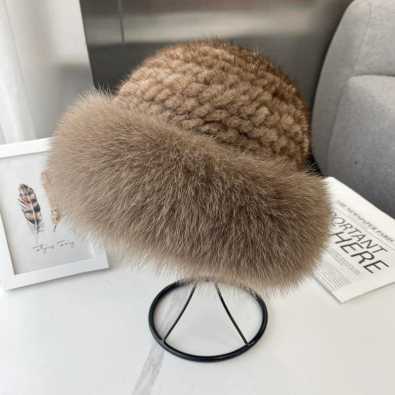Mink Hair Woven Hat Women's Winter Korean Version Warm Ear Protection Fur Hat with Wide Fox Burr Edge Bucket Hat