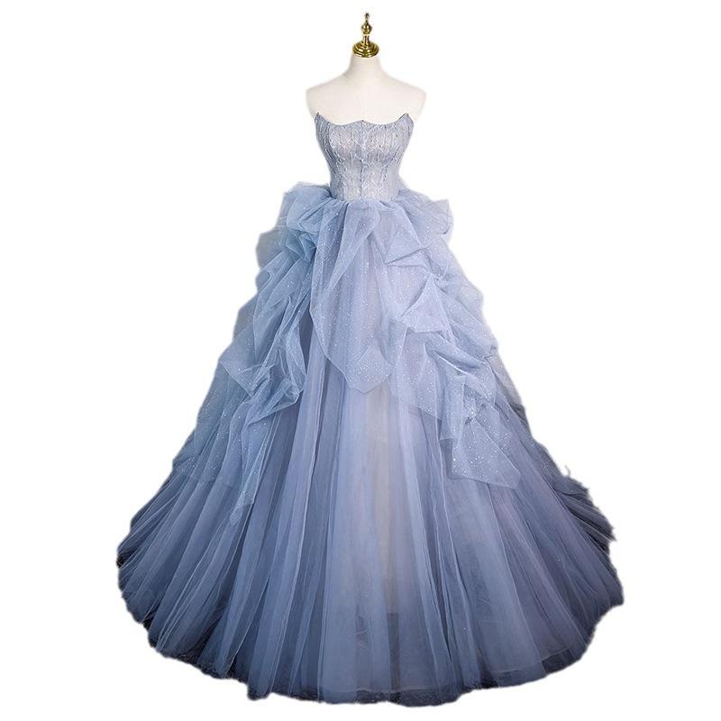 One-word shoulder evening dress sexy fairy piano playing bar mitzvah wedding dress beauty canto solo blue gauze skirt art test