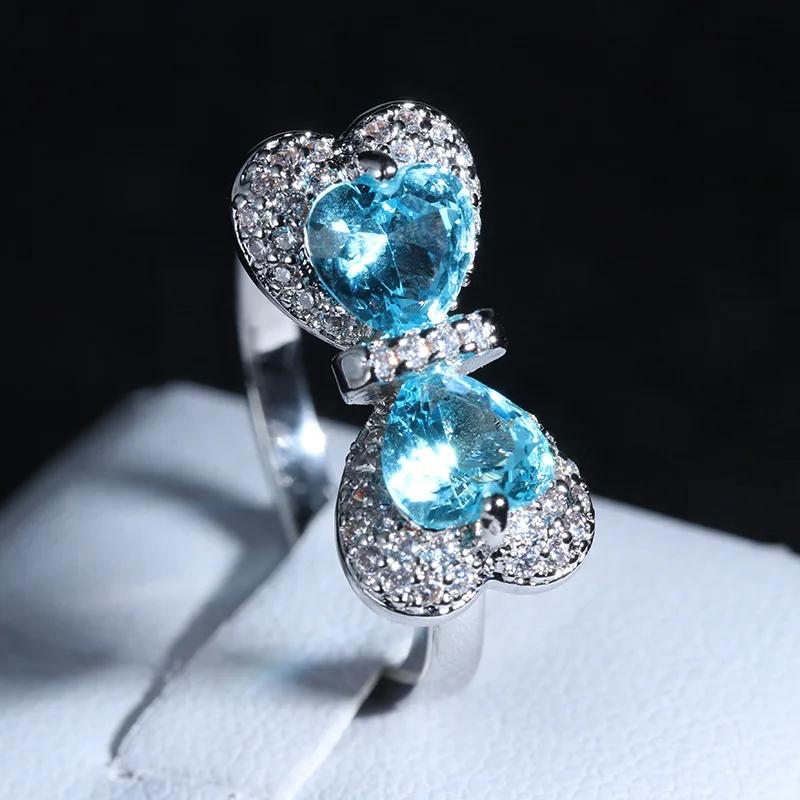 Simple  Sterling Silver Blue Bowknot Mosaic Cubic Zirconia Wedding Rings for Women  Girlfriend Gift Anillos Mujer