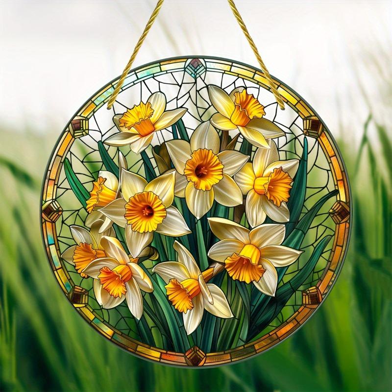 2D Flat Acrylic Garden Round Wall Hanging Decoration Sign, Daffodil Spring Sun Catcher, Nurseries, Vintage Home Decor Wall for Bar Kitchen