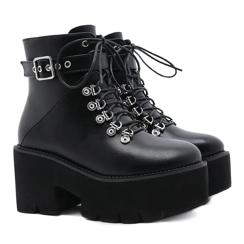 Fashion Platform Chunky Heels Autumn Fashion Cool Gothic Cosplay Boots Women Street Black Ankle Boots Shoes Buckle Strap Size 43