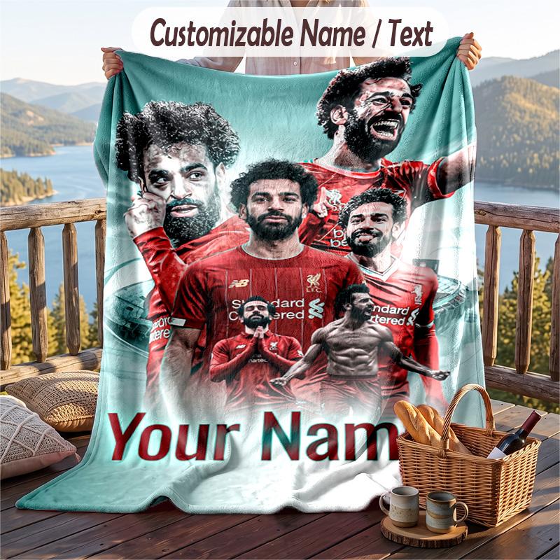 Flannel Blanket Mohamed Salah Print Custom Name Text Soft Throw for Sofa Bed