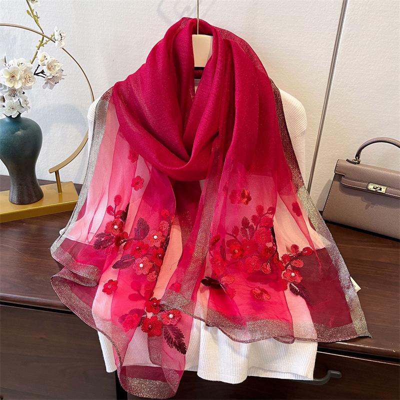Silk Feeling Women Scarf Shawls Lady Wraps Bufanda Floral Pashmina Embroidery Scarves  Hijab Solid Long Female Bandana