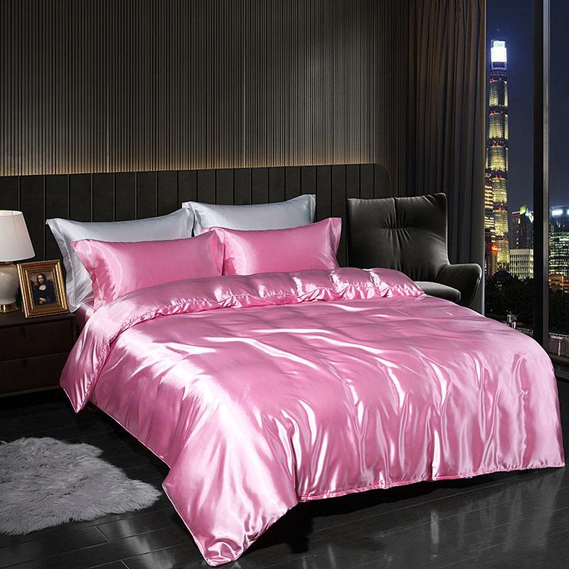 

4pcs/set Luxury Satin Bedding Set with Flat Sheet Duvet Cover High End Bedding Set High Density Satin Solid Color Bedding Flat Bed Sheet&1.2m 4pcs
