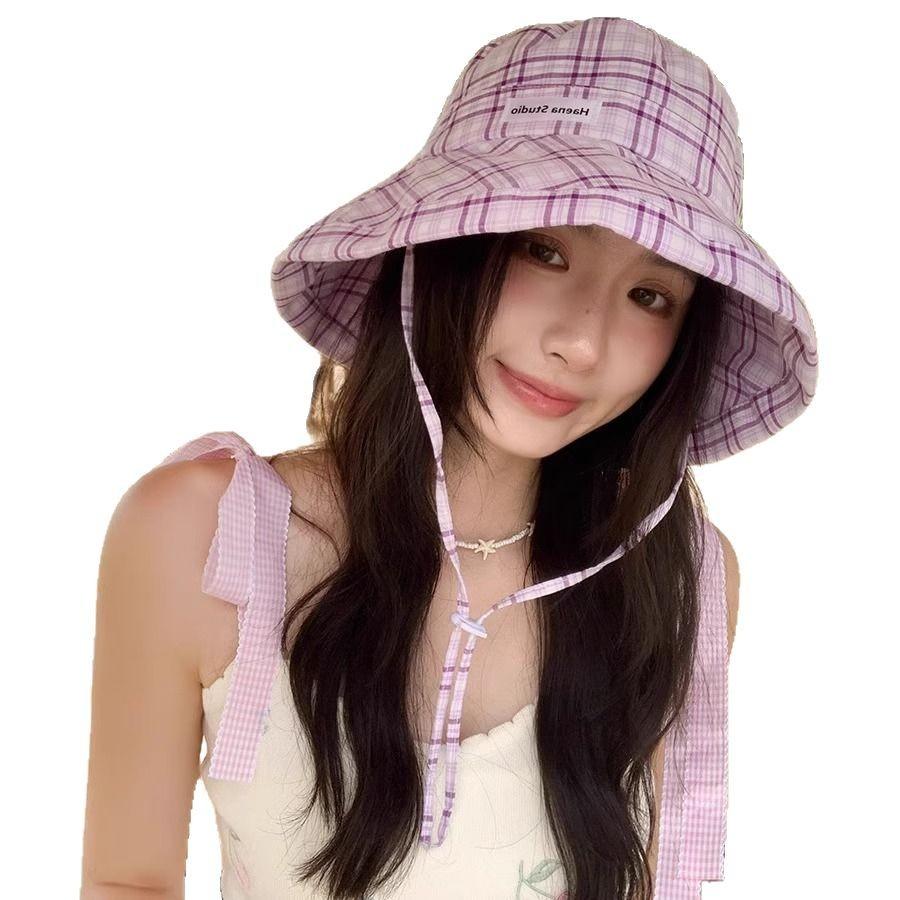 Plaid Bucket Hat Women's Summer Outdoor Sun Hat Sun Protection UV Protection Hat Showing Washbasin Hat
