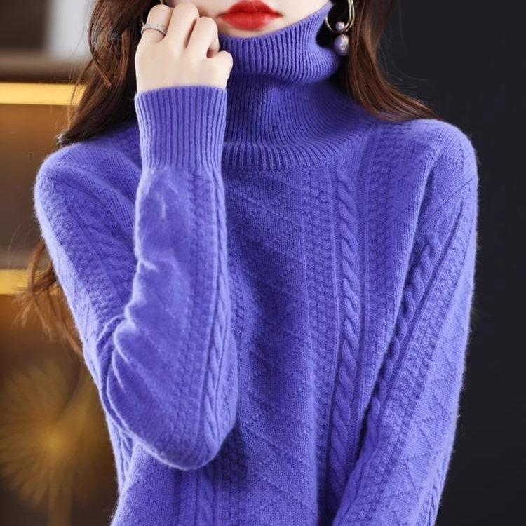 Dámský luxusní svetr s vysokým límcem Podzimní a zimní volný zesílený pletený základní kousek s krátkým rukávem a spadlým límcem