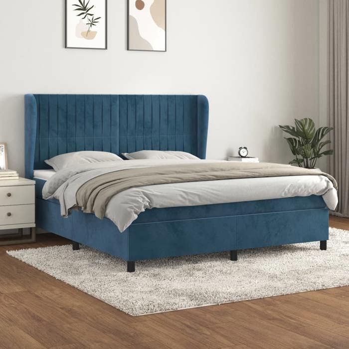 3129343 vidaXL Lit à sommier tapissier et matelas Bleu foncé 160x200cm Velours