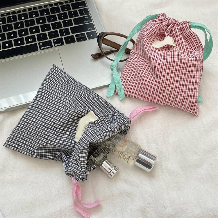 Drawstring Cosmetic Bag Portable Makeup Bag Plaids Lipstick Storage Pouch Toiletry Bag Travel Wash Bag Jewelry Organizers