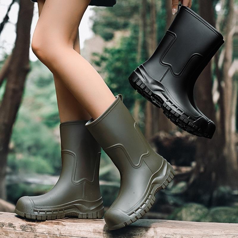 Mid Calf Rain Boots Seamless Waterproof PVC Rubber Wellies Anti Slip Thick Sole Outdoor Garden Work Rain Shoes