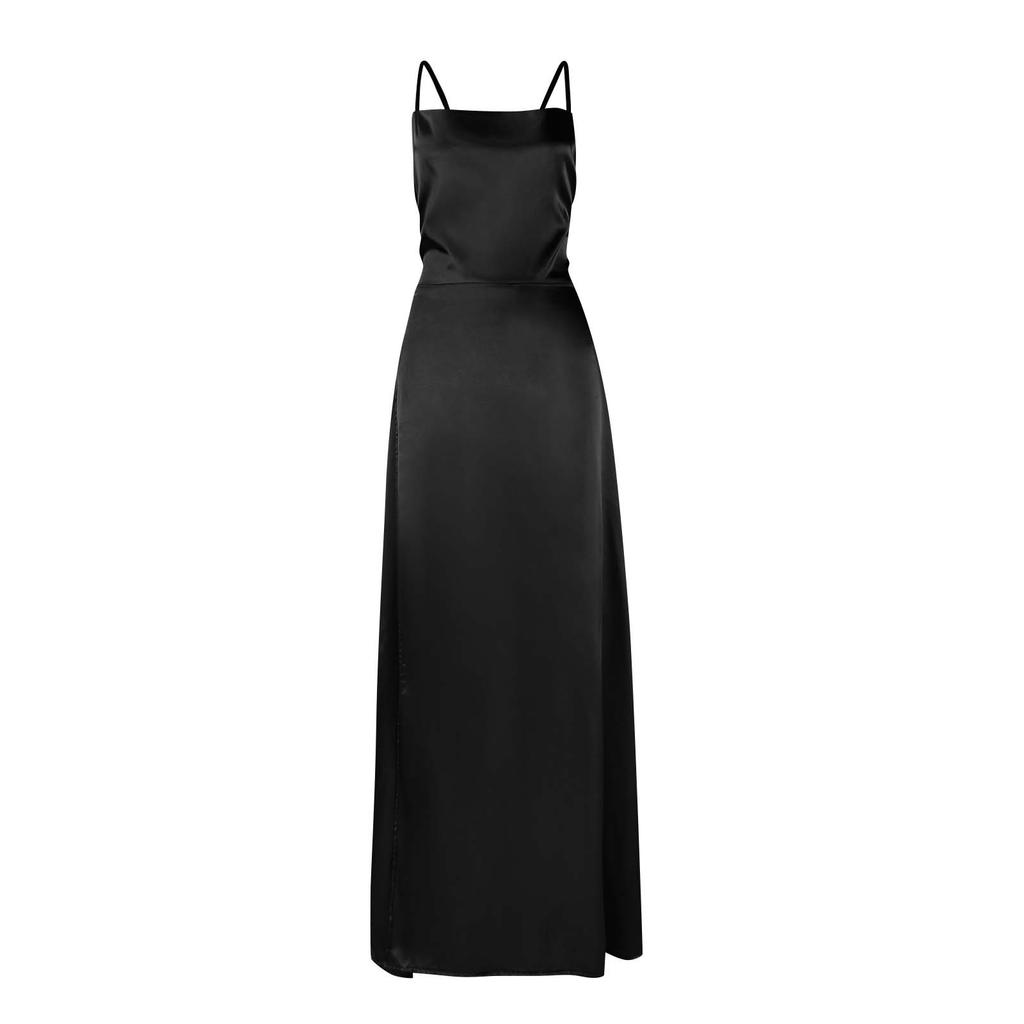 Women Summer Backless Long Satin Dress Cowl Neck Cross Spaghetti Strap Party Long Dress