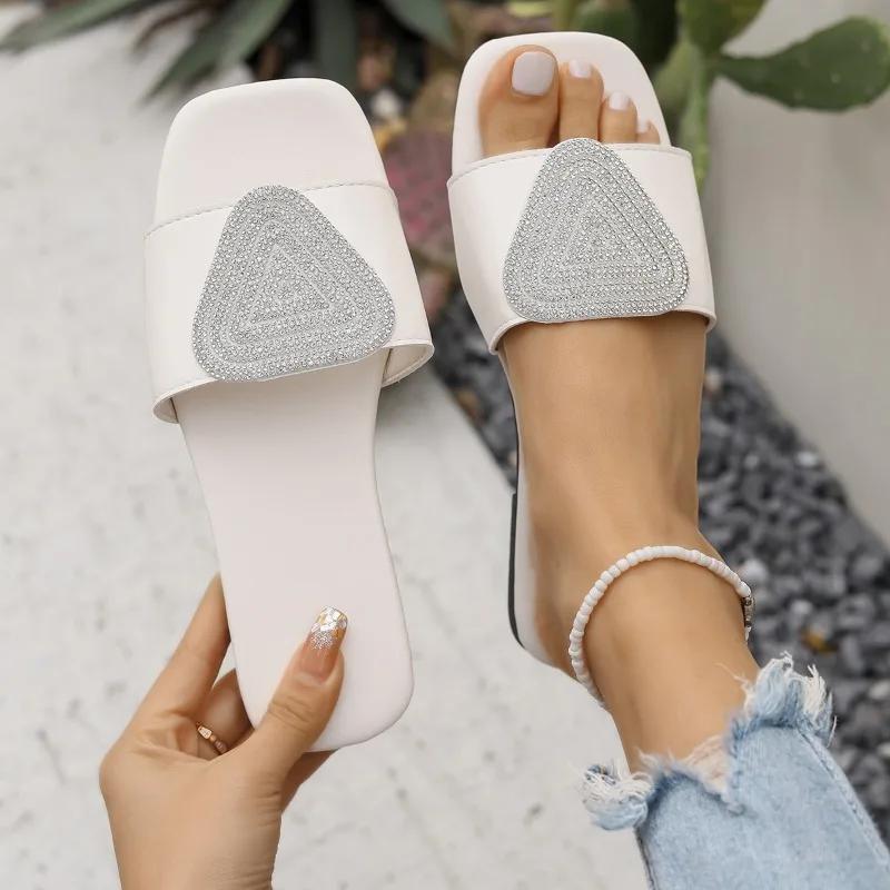 Fashion Women's Flat Shoes Summer New Square Head Shallow Mouth Rhinestone Soft Bottom Slip-resistant Wear-resistant Slippers36-43