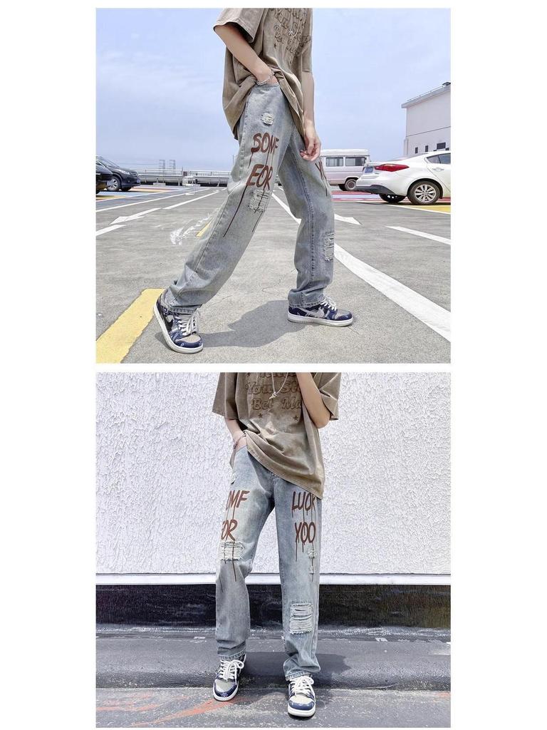 Men's Summer Ripped Ink-Print Harajuku Jeans - Straight Leg Trendy Pants