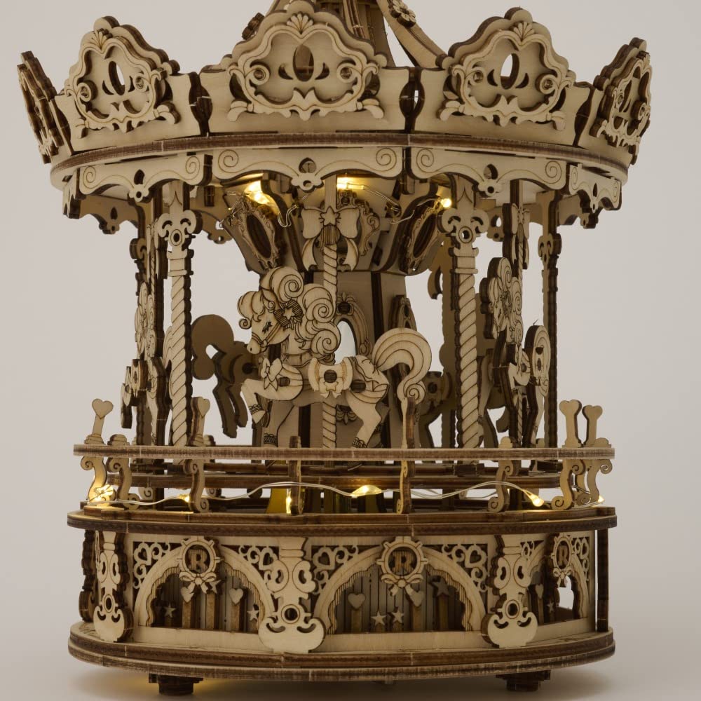 3D Moving Wooden Puzzle with LED and Music Box with Japanese Instructions Tsukurundesu® (Pony Carousel)