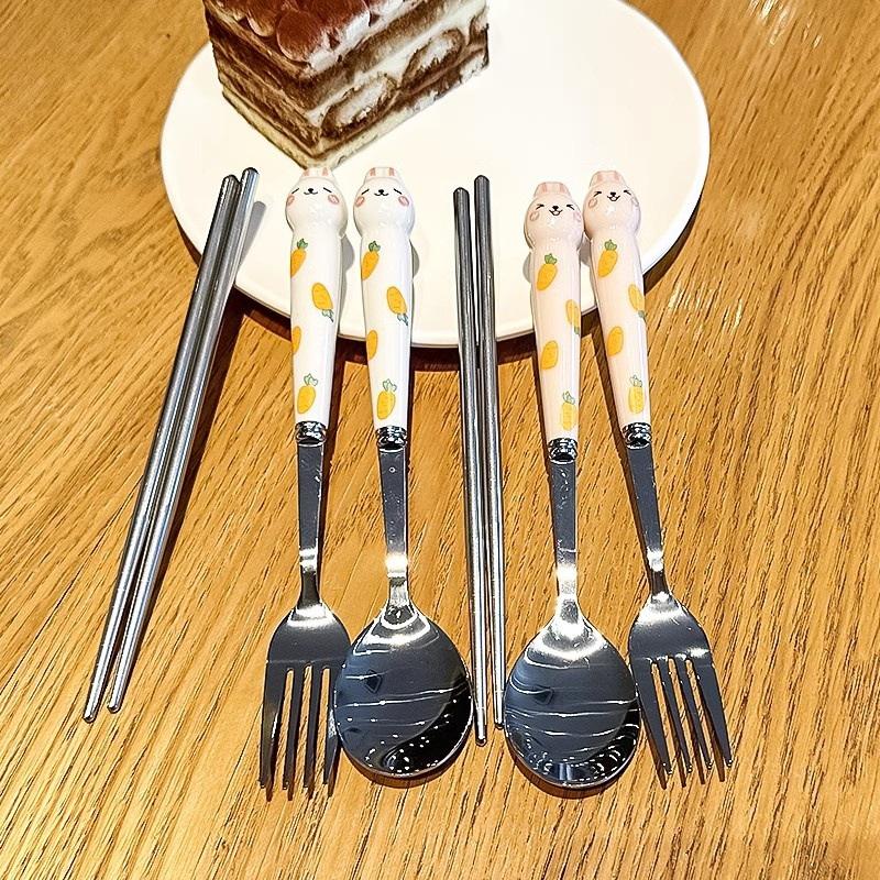 3Pcs Cute Cutlery Set Cartoon Bunny Stainless Steel Mirror Polished Flatware Set Spoon And Fork Chopsticks Set Outdoor Tableware