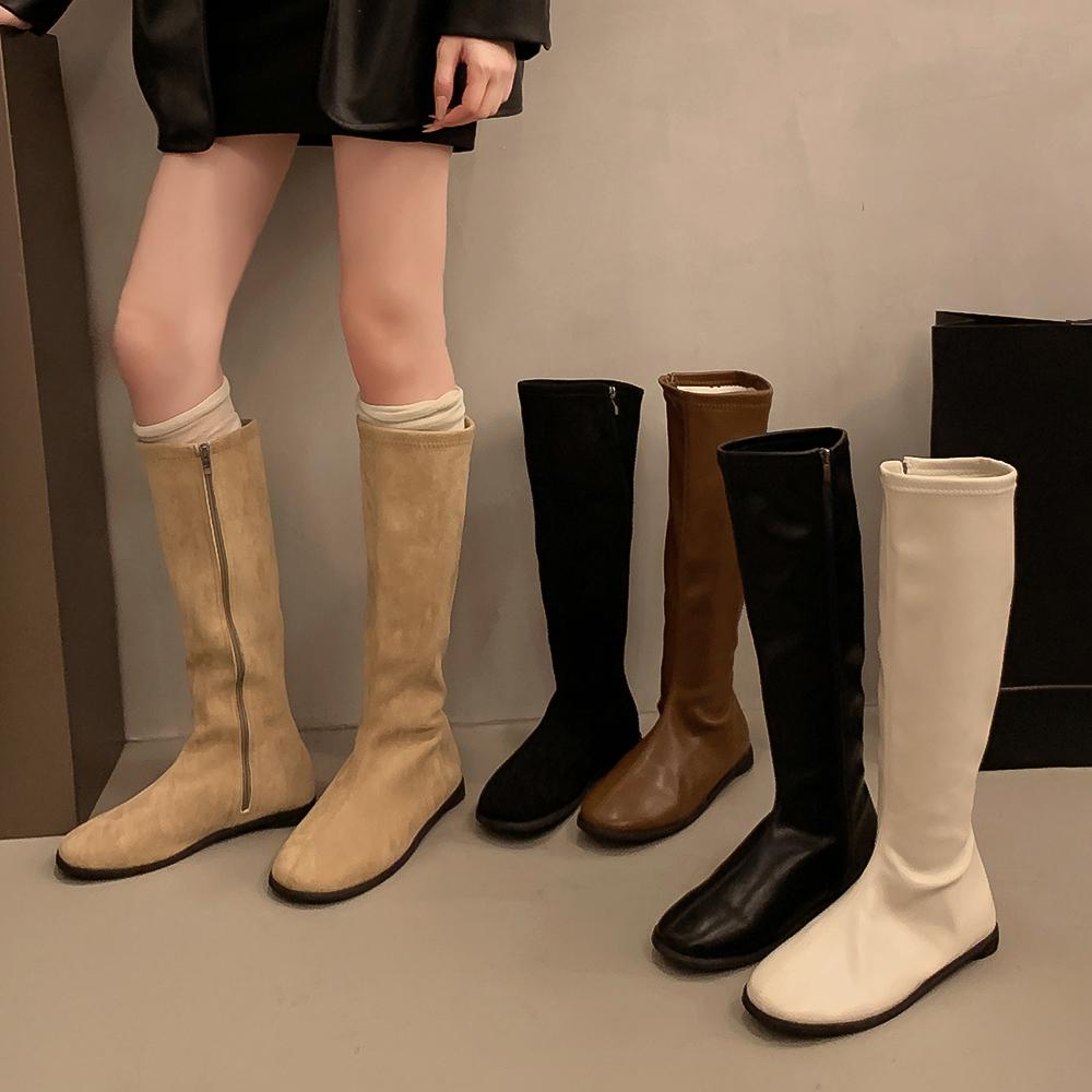 Beautiful Tube Thin Rad But Flat Single Boots Knight Boots Versatile Korean Version Tall Boots Female White Round Head Thin Long