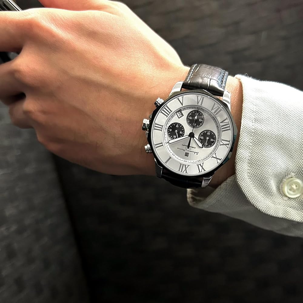 Salvatore Marra Chronograph Watch 10 ATM Water Resistant Men's Leather Strap Silver White Black Panda SM15104-SSWHBKLE