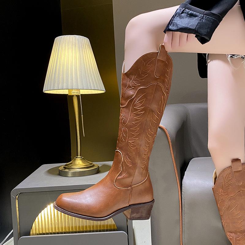 2025 new leather embroidery v-mouth thin boots women's brown tall boots knight boots square head western cowboy boots