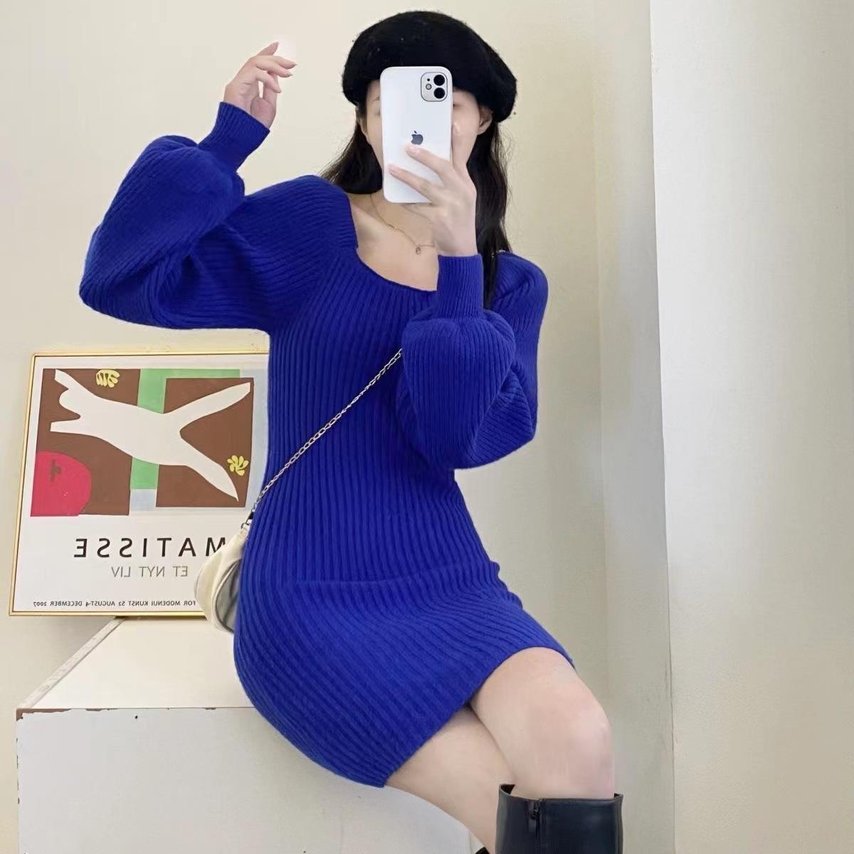 

Женское модное элегантное однотонное трикотажное мини-платье женское платье с квадратным воротником и длинными рукавами-фонариками весенние повседневные платья А-силуэта One Size