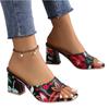 Women's Large Size Thick Heel Slippers Summer Printed Square Toe High Heels Sandals And Slippers