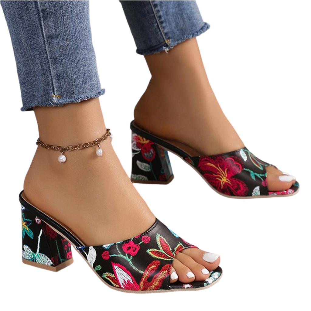 Women's Large Size Thick Heel Slippers Summer Printed Square Toe High Heels Sandals And Slippers