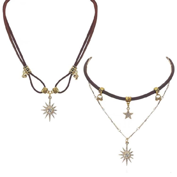 Metal Chain Necklace with Sunflower and Star Pendants Clavicle Choker for Women