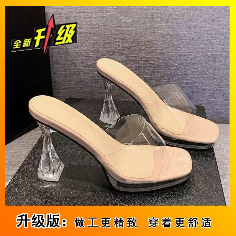 

thick-soled large-size transparent one-word with cool slippers 2025 summer and autumn new waterproof table crystal heel high-heeled sandals women 40