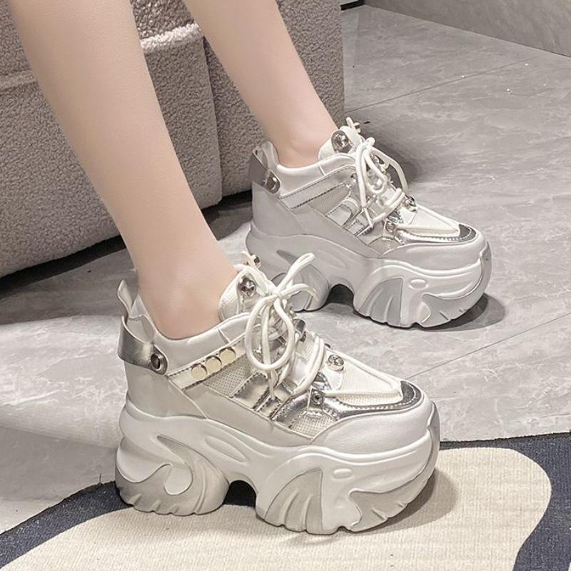 10CM Spring Women Chunky Sneakers Heels Lace-up High Platform Sports Shoes Woman Breathable Mesh Shoes Leather Sneakers