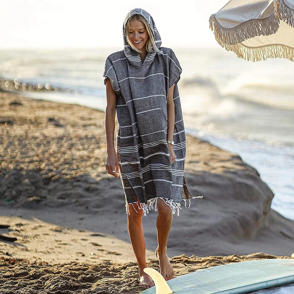 Textilien Blue Turkish Wearable Beach Towel Sandproof Cotton Large Surf Poncho Hooded Wetsuit Changing Towel Quick Drying Sandproof Bathrobe