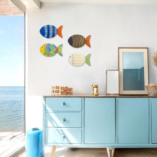 4 szt. Drewniane Ryby Morska Dekoracja Ścienna Rustykalna Chata Ryby Oceaniczne Sztuka Ścienna Vintage Plaża Nadmorski Motyw Ozdoby do Domku nad Jeziorem Łazienki Pokoju Dziecięcego