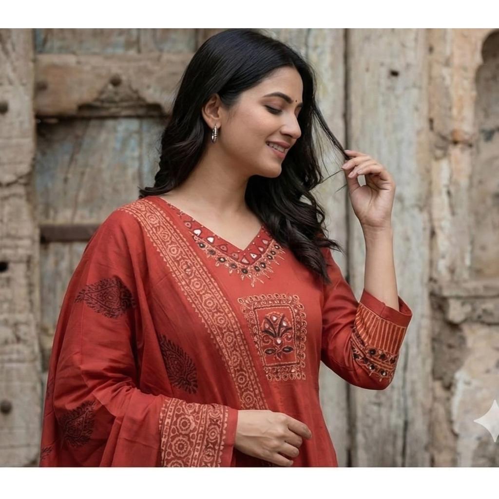 Red Cotton Embroidery Ethnic Kurta Set Indian Women Top Kurti Pant Dupatta Set