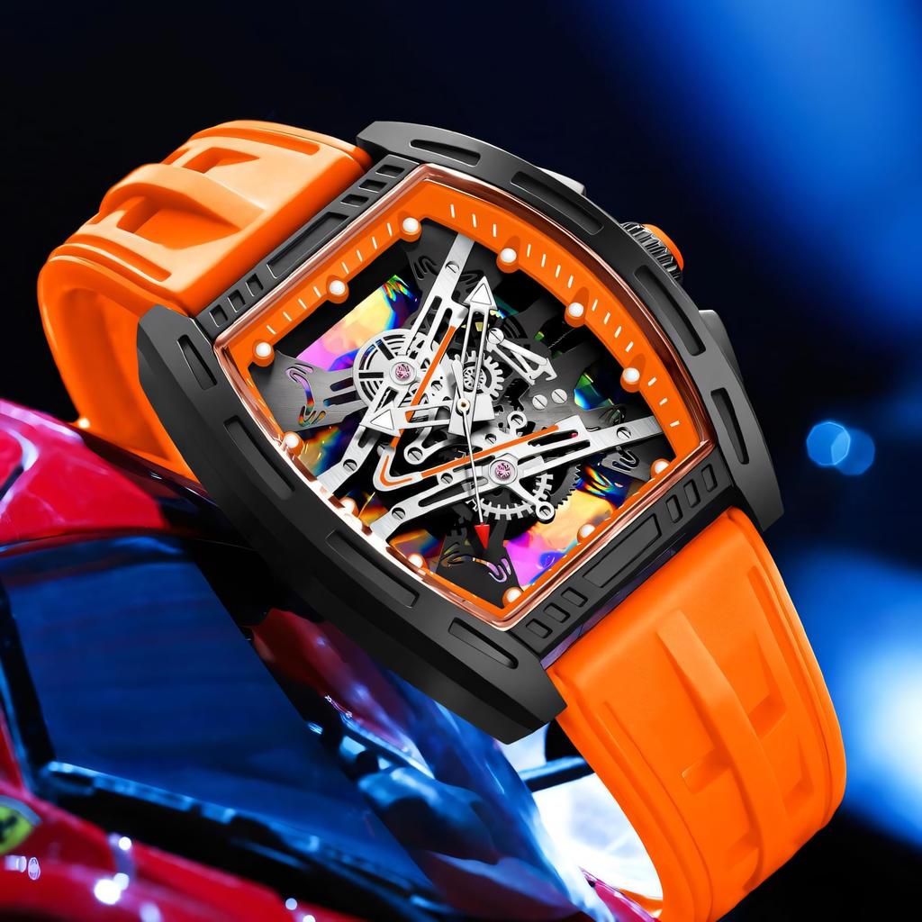 New Business Cool Wine Barrel Shaped Hollowed Dial Men's Wristwatch Silicone Strap Waterproof Luminous Quartz Male Watch