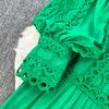 Elegant Crochet Lace Dresses for Women Hollow Out O Neck Lantern Sleeve A Line Belted Vestidos Court Style Dress Dropship