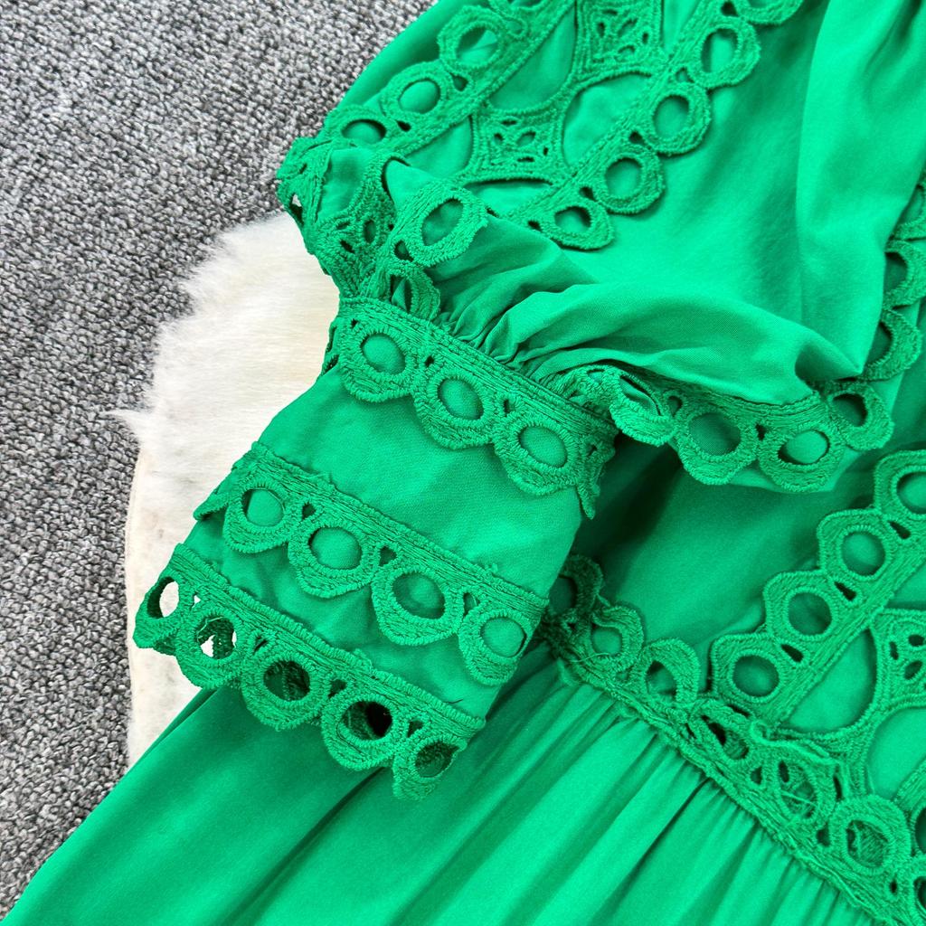 Elegant Crochet Lace Dresses for Women Hollow Out O Neck Lantern Sleeve A Line Belted Vestidos Court Style Dress Dropship