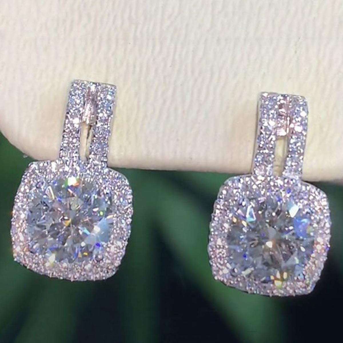 Ins Style Square Halo Cubic Zirconia Stud Earrings Sparkling Round Center CZ Drop Earrings for Women белый