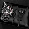 Fashion Business Geneva Calendar Watches Men's Stainless Steel Bracelet Pendant Necklace Ring Quartz Watch Set for Men