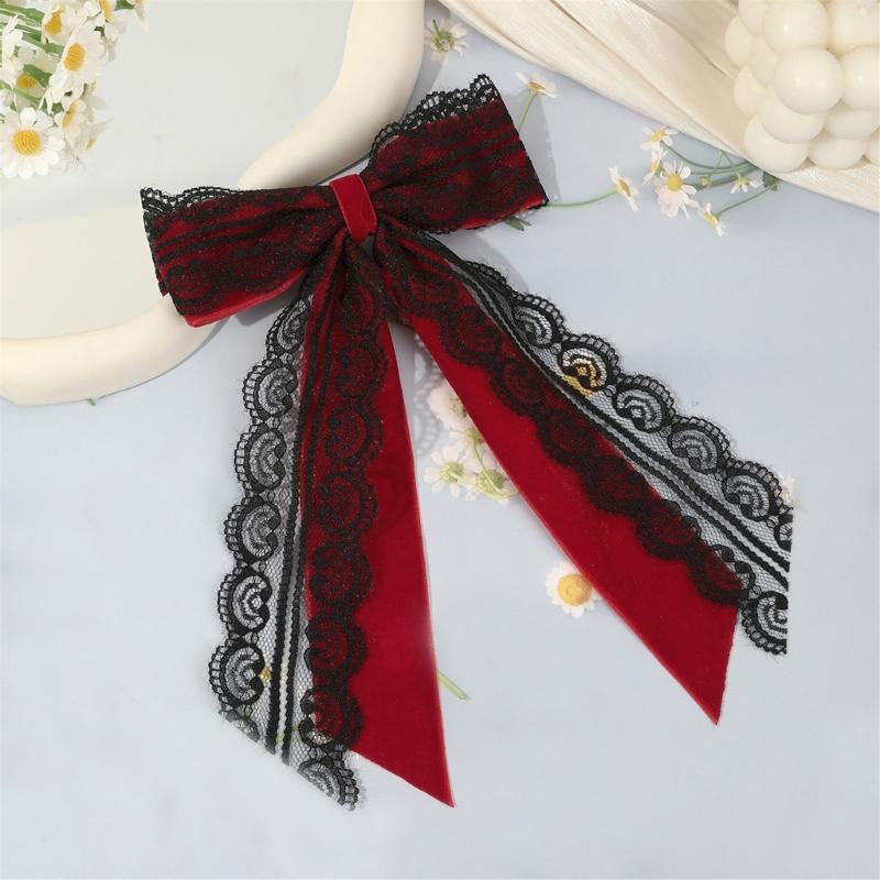 Sweet Cool Heart Lace Bowknot Hair Clip Handmade Silk Ribbon Comfortable Secure Barrettes For Women Black Red White