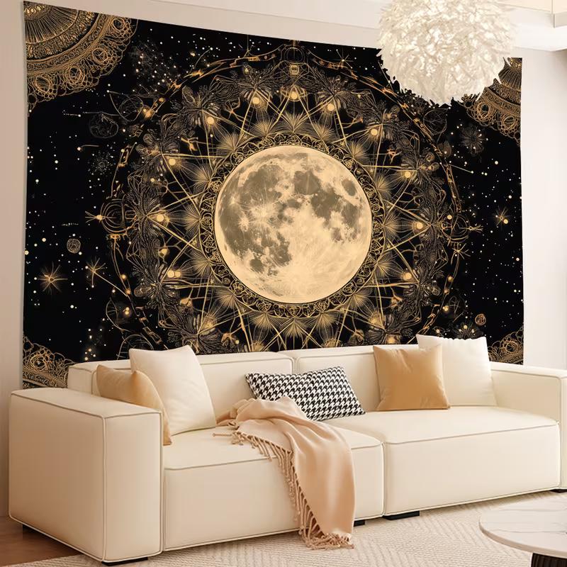 2D Black Gold Celestial Moon Tapestry Astrology Constellation Wall Hanging Backdrop