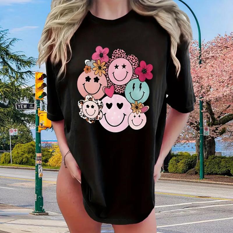 Fashion Women Trendy Smiley Face Print T Shirt Funny Casual O-neck Short Sleeves T-shirt Summer Female Tee Shirt