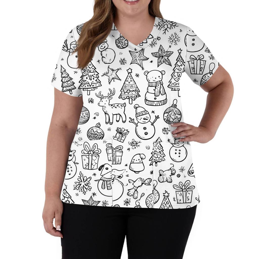 Damenmode V-Ausschnitt Kurzarm Overalls mit Taschen Print Tops Kleidung
