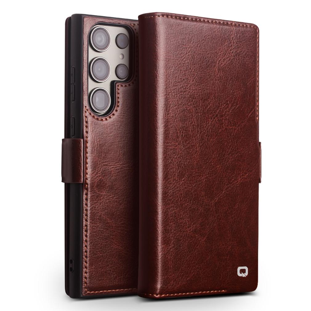 

QIALINO For Samsung Galaxy S22 Ultra 5G Full-Wrapped Flip Phone Case Genuine Cow Leather Shockproof Wallet Stand Cover Dark Brown